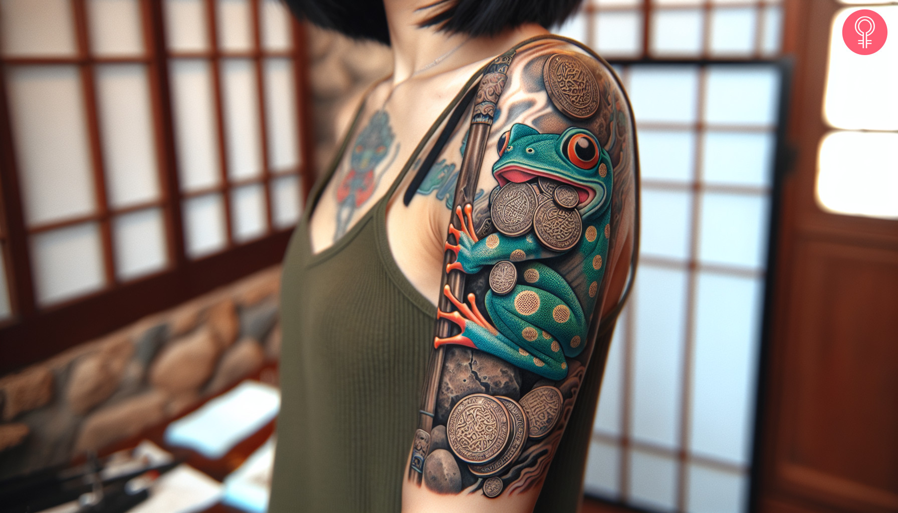 A woman with a vibrant Japanese money frog tattoo on her upper arm