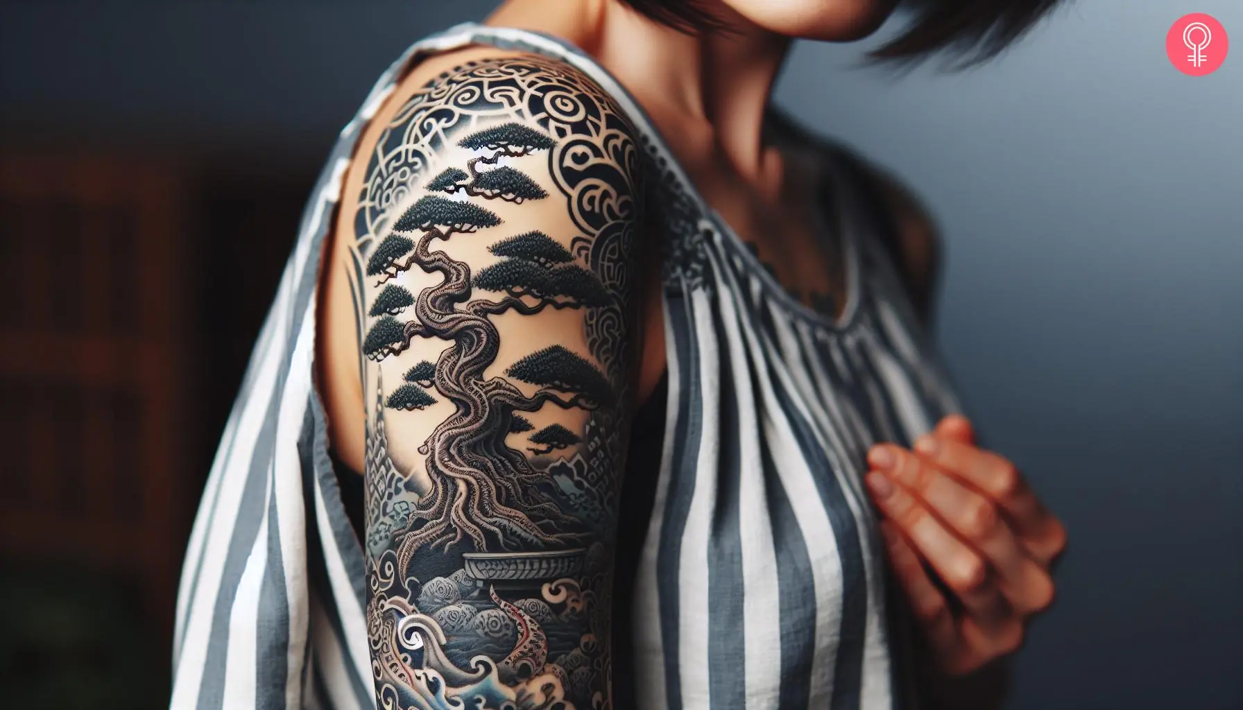 A woman with a Japanese-style bonsai tree tattoo on her upper arm