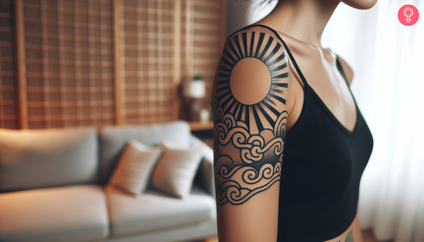 Japanese sun and cloud tattoo on the upper arm