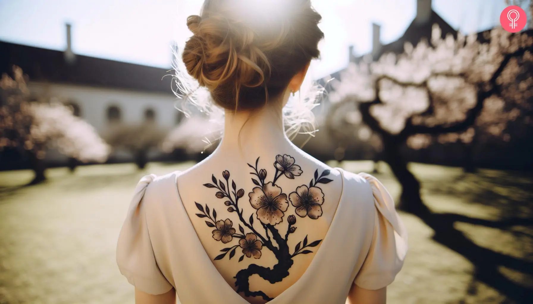 A woman with a Japanese upper back tattoo with cherry blossom flowers and leaves