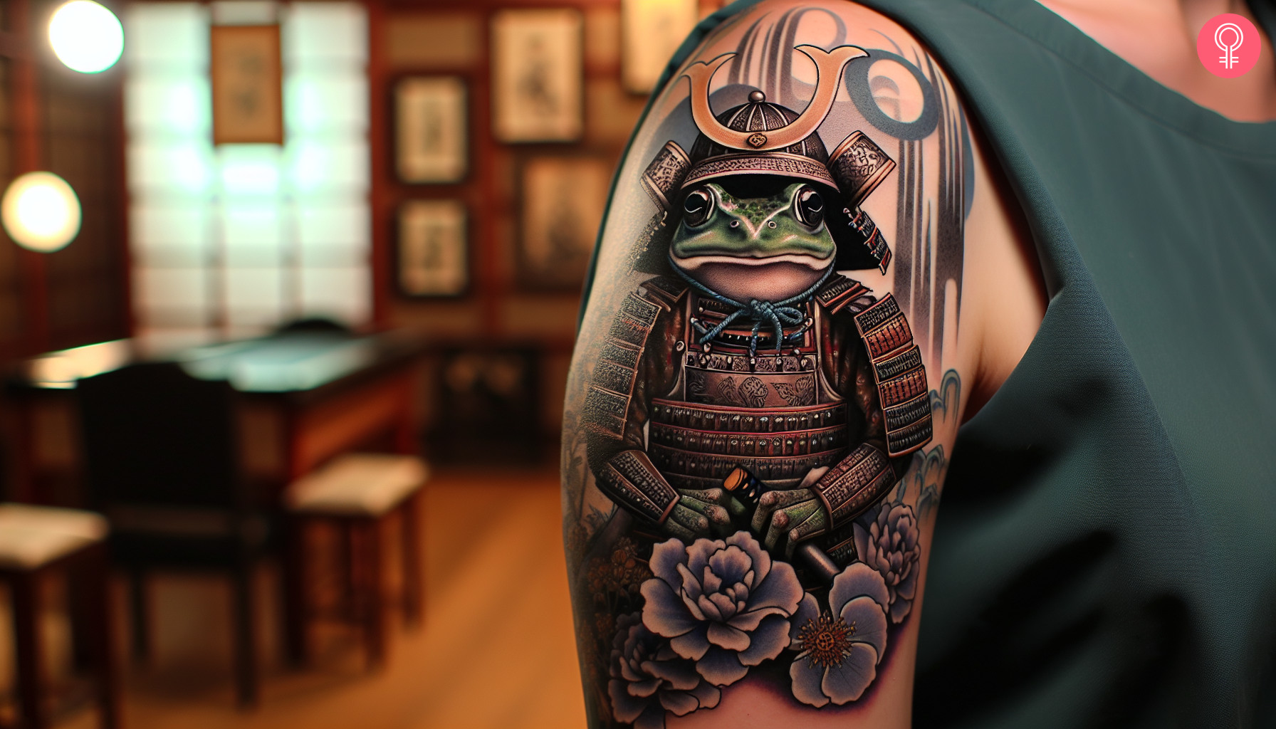 A woman with a colored Japanese warrior frog tattoo on her upper arm