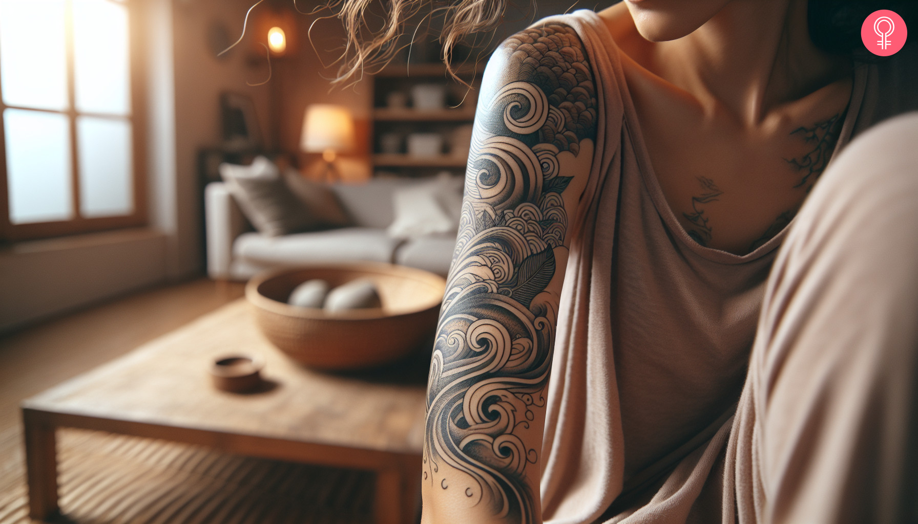 A woman with an upper arm sleeve wind tattoo