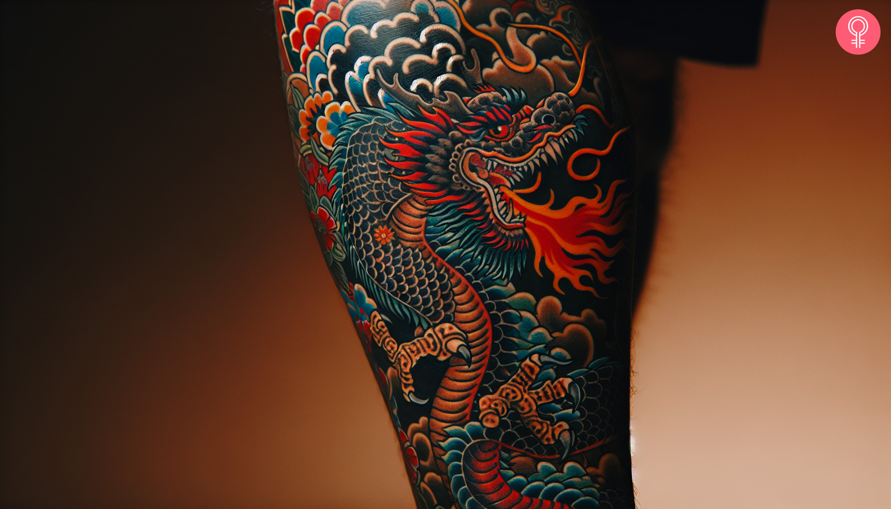 Japanese dragon thigh tattoo.