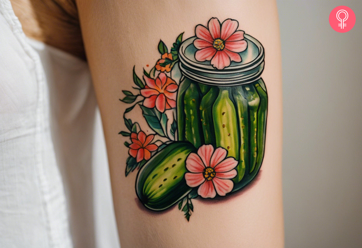 Jar of pickles with flowers tattoo