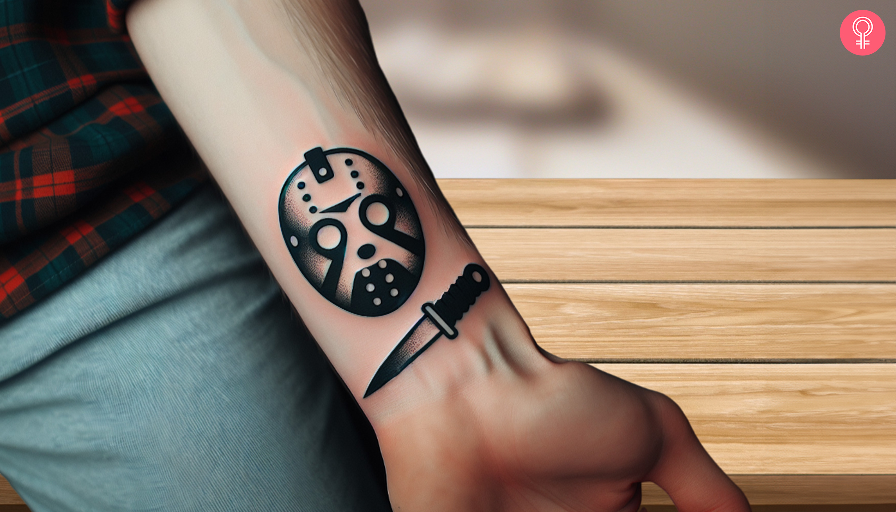 A black and white tattoo of Jason mask with a knife inked on the forearm