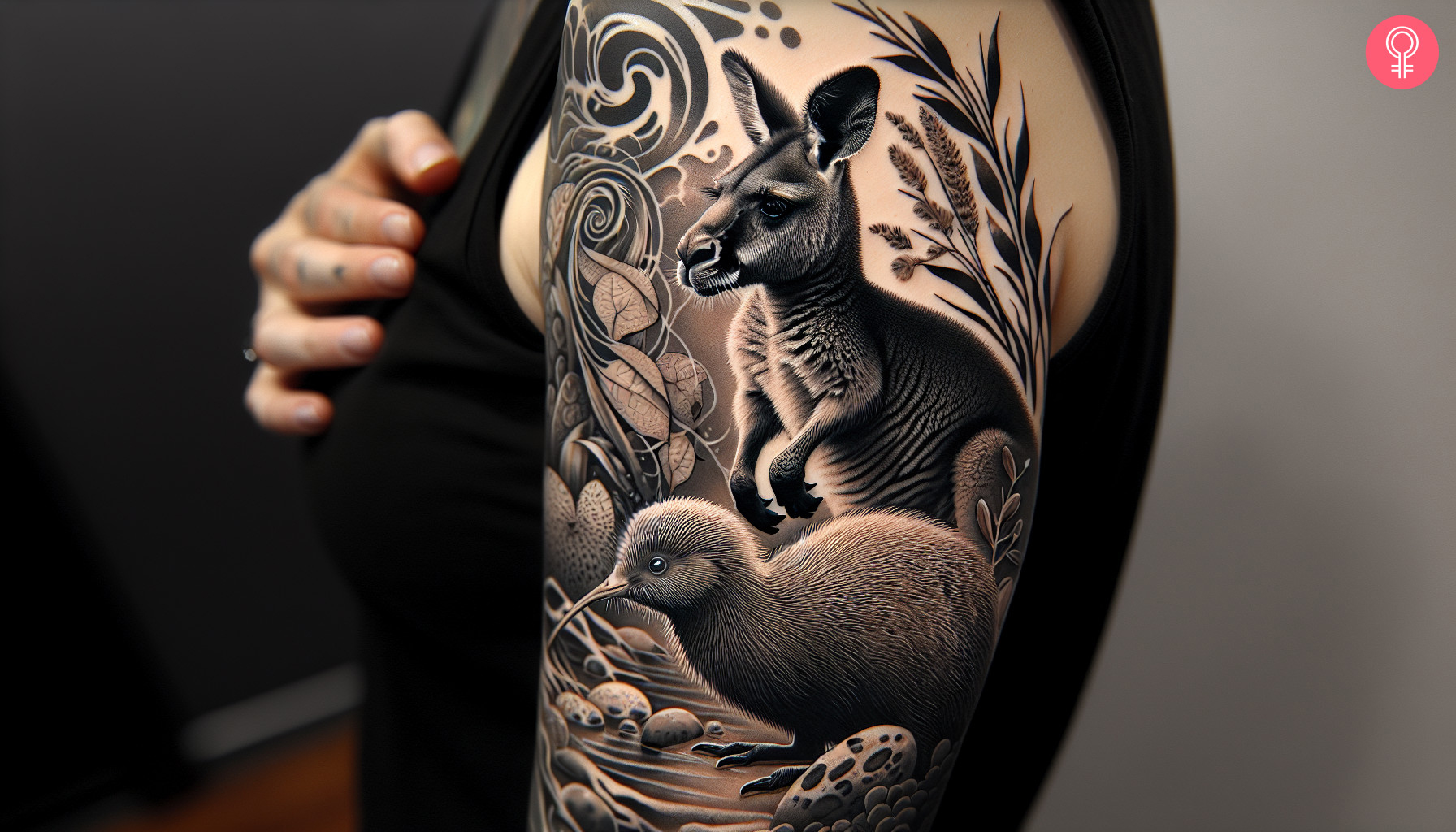 Man with kangaroo and kiwi bird tattoo on his arm