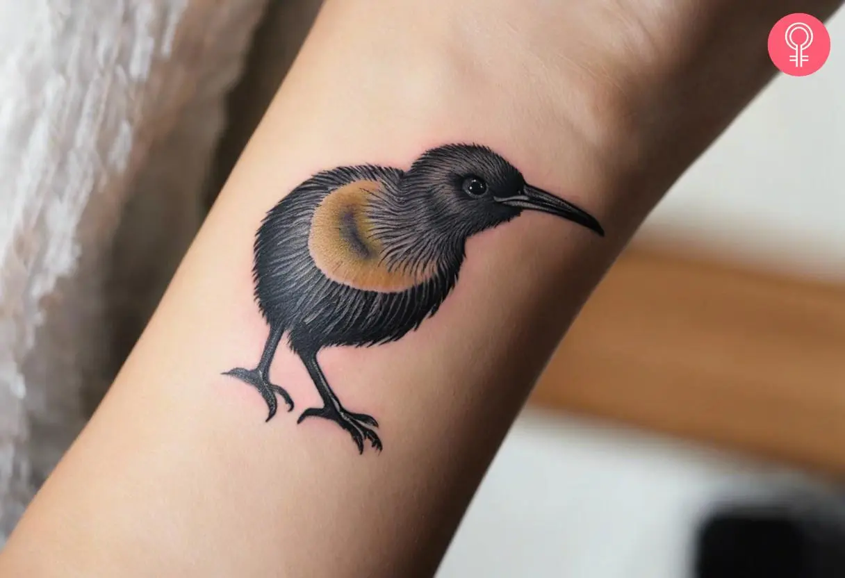 Woman with kiwi bird tattoo on her wrist