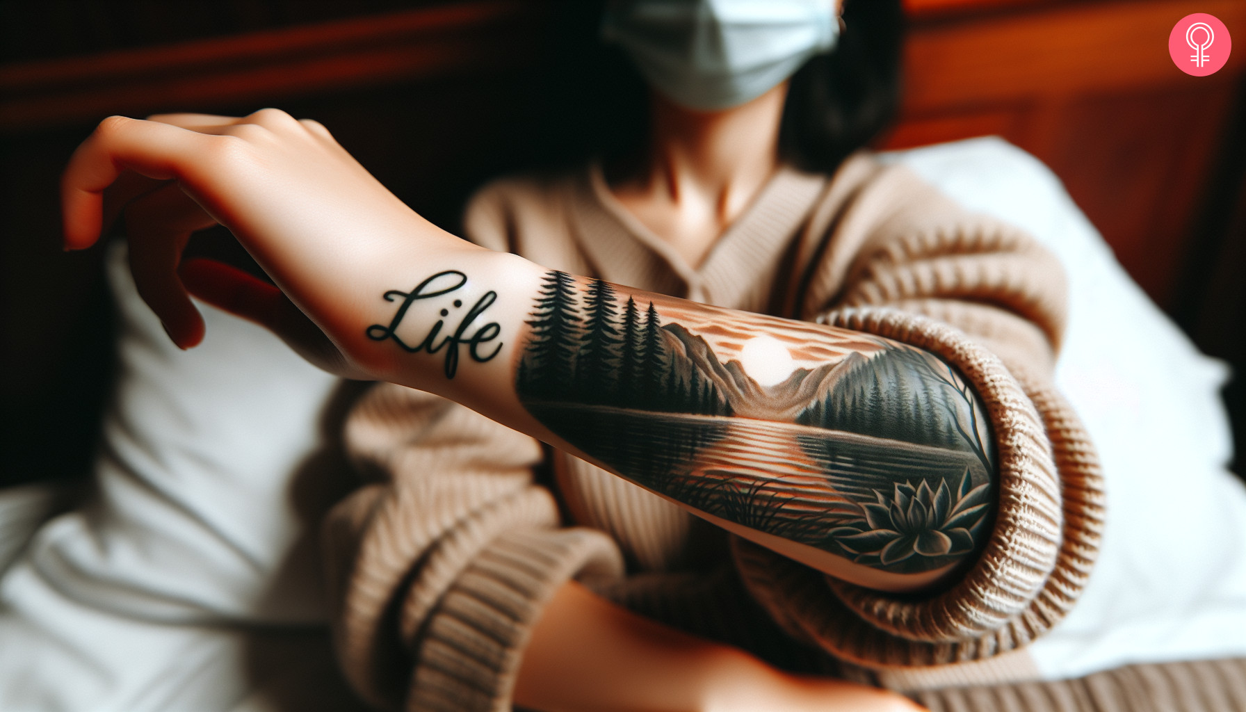 Lake ‘life’ tattoo on a woman’s forearm