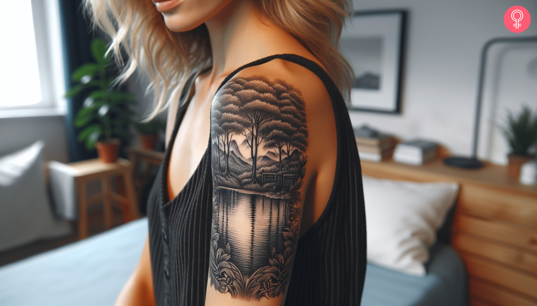 Lake scene tattoo on a woman’s upper arm