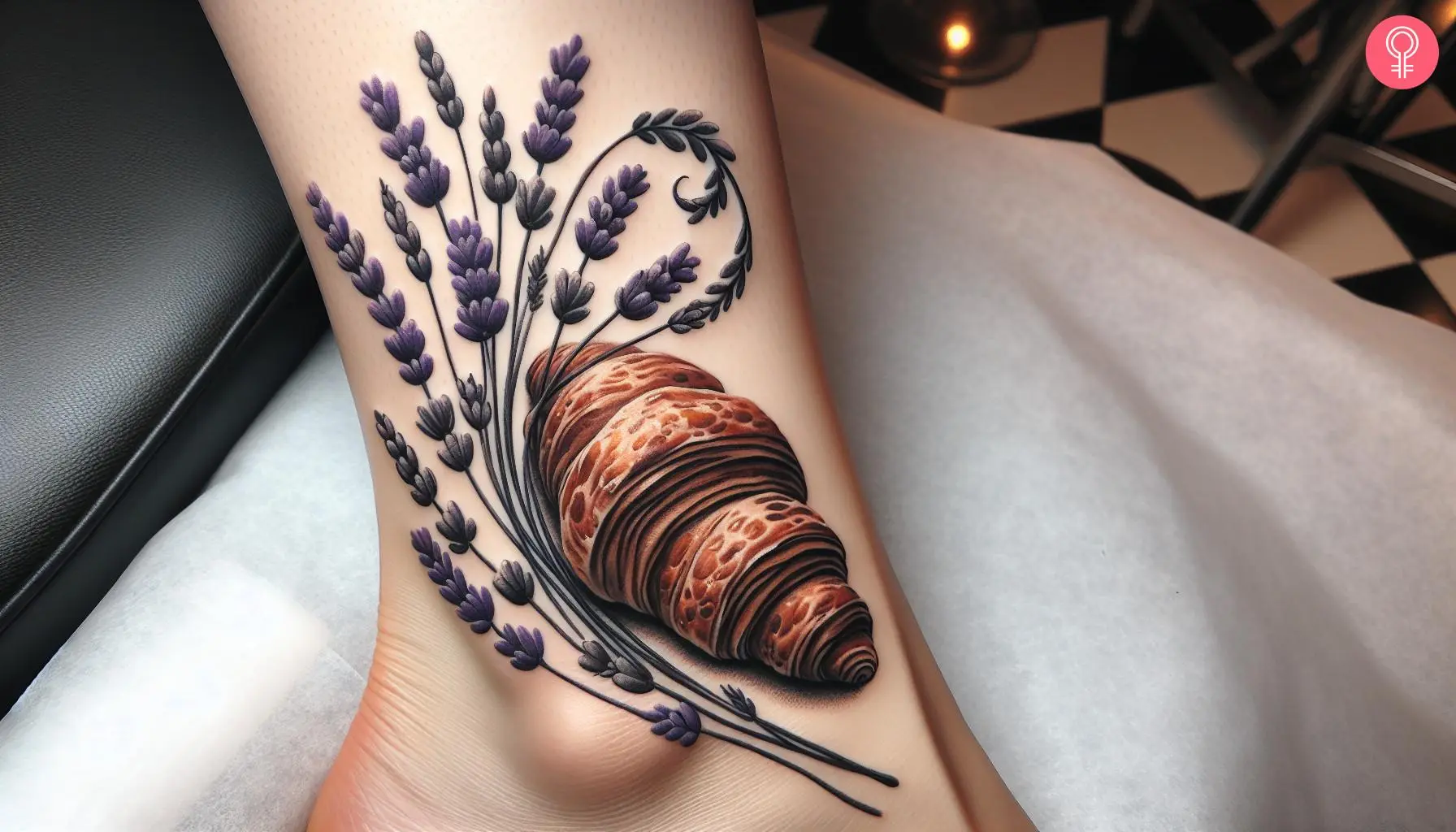 Woman with lavenders and croissant tattoo on her ankle