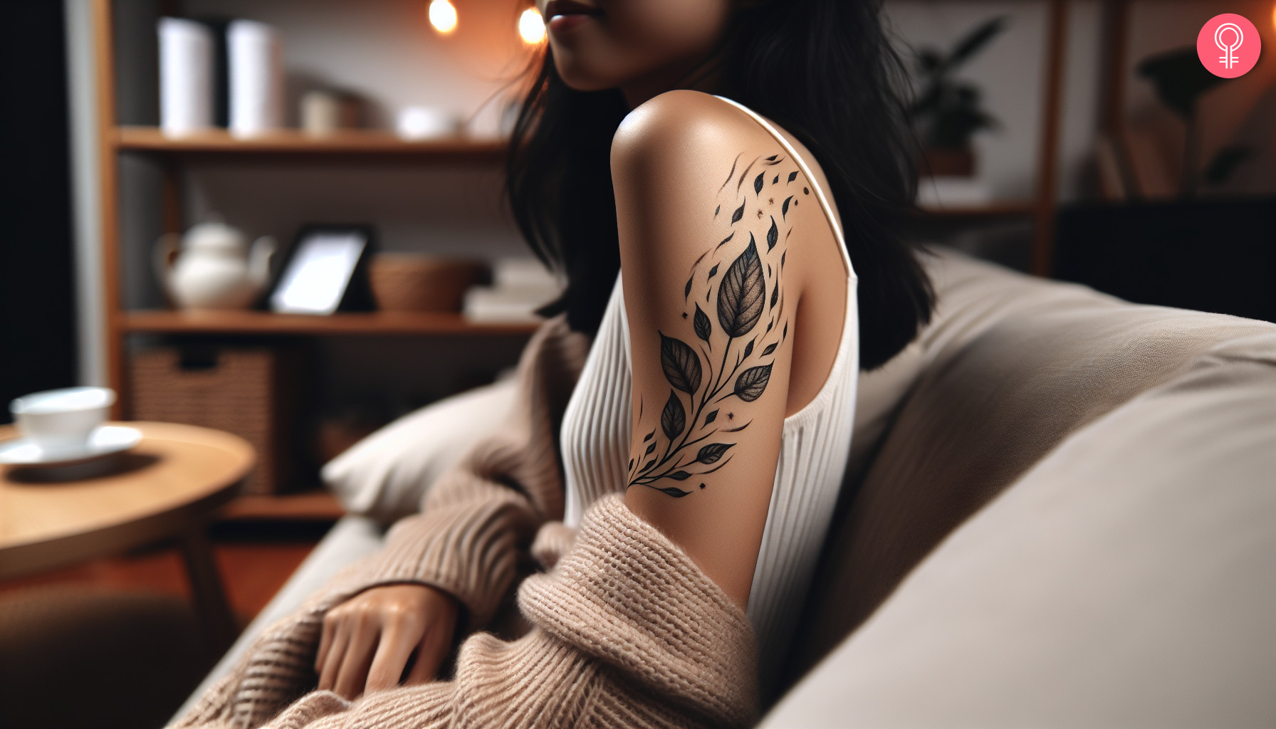 An upper arm tattoo featuring leaves blowing in the wind