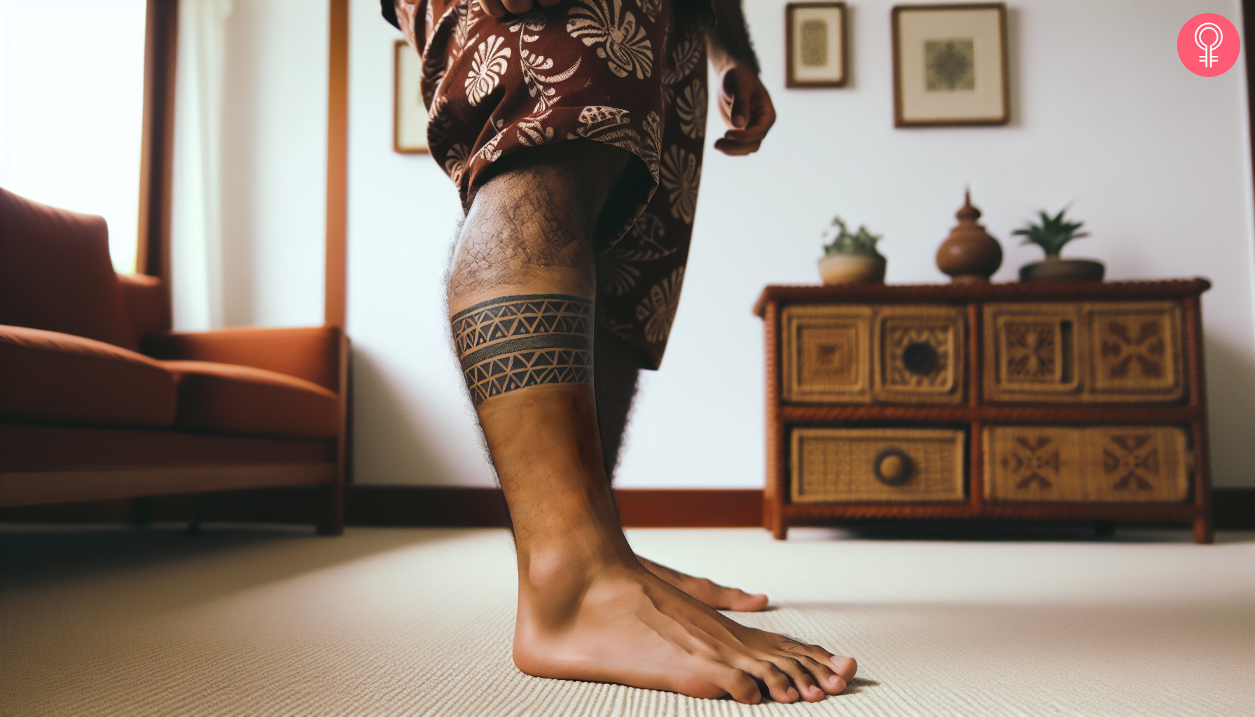 A Polynesian stripe tattoo on the leg of a man