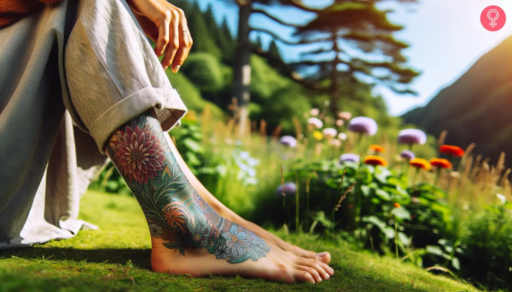 Leg tattoo with colorful flowers and green leaves