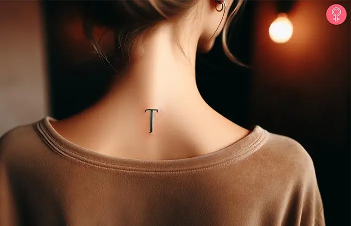 A woman wearing a letter ‘T’ tattoo on her neck