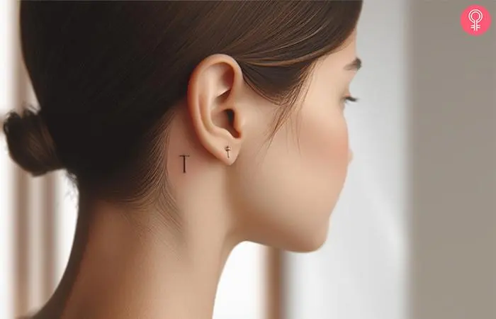 A woman wearing a ‘letter T’ tattoo behind the ear