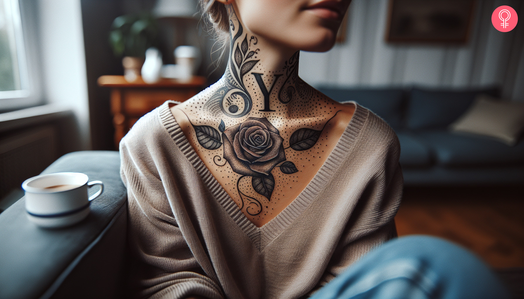 A woman with an elaborate letter Y tattoo on the neck