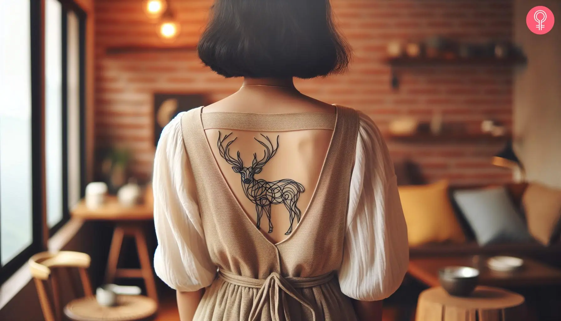 Linear tattoo of a deer on a woman’s back