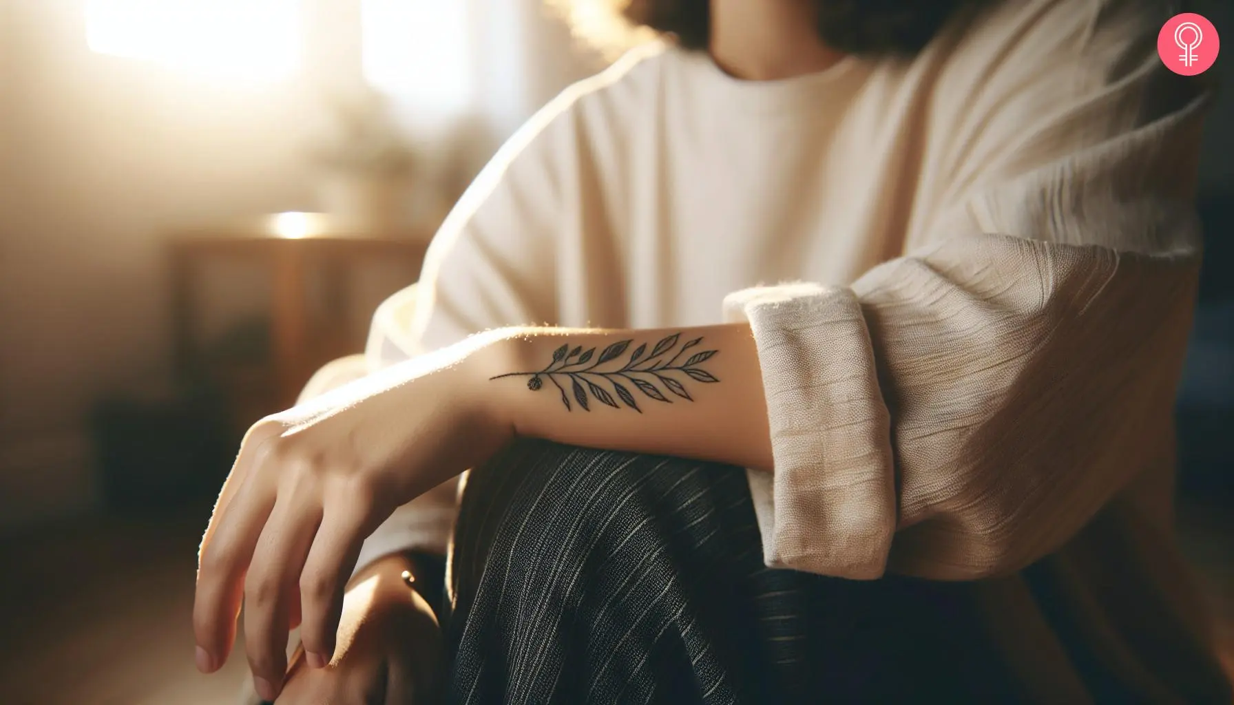 Linear leaf tattoo on a woman’s forearm