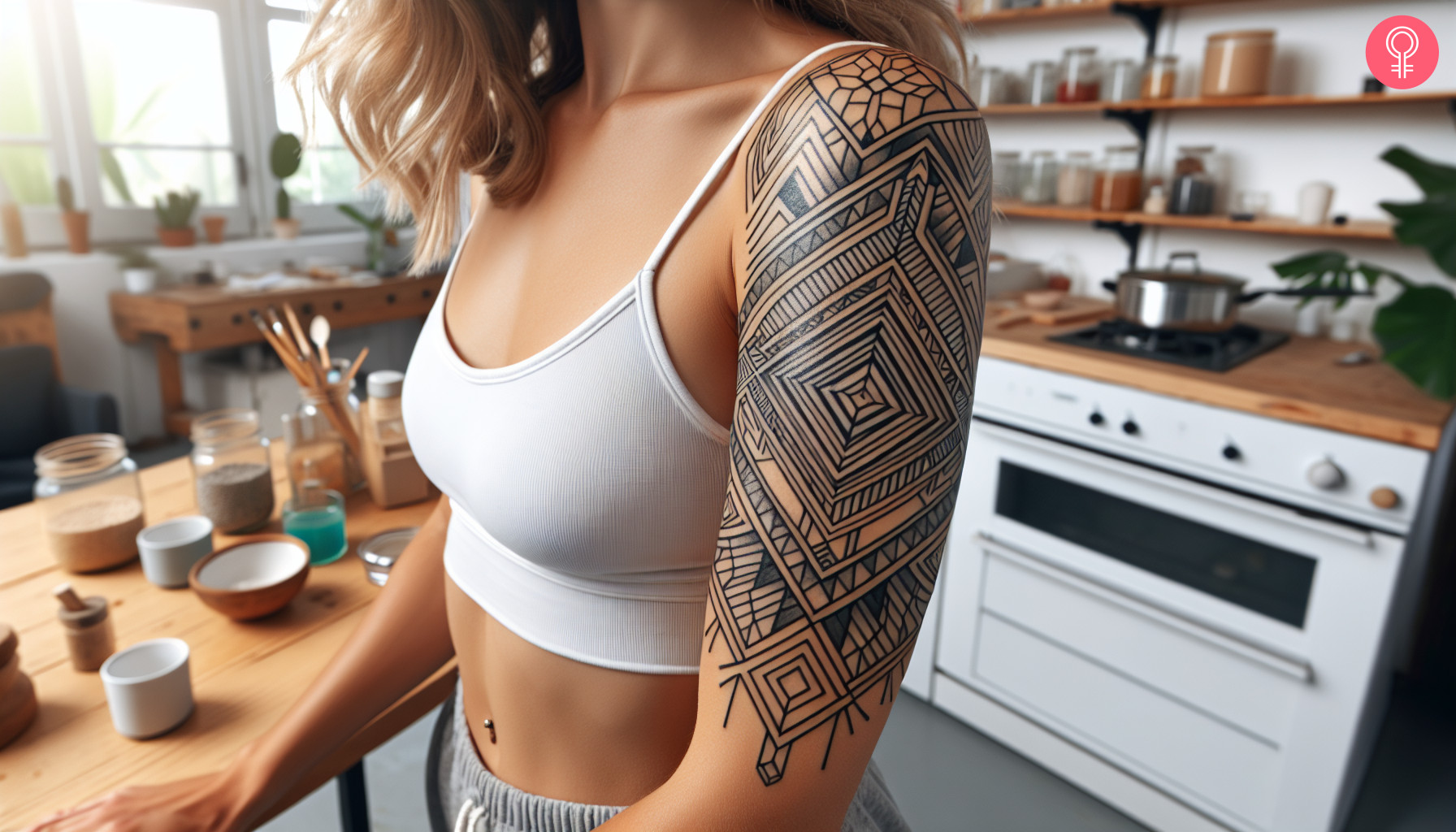 Linear geometric tattoo on a woman’s arm