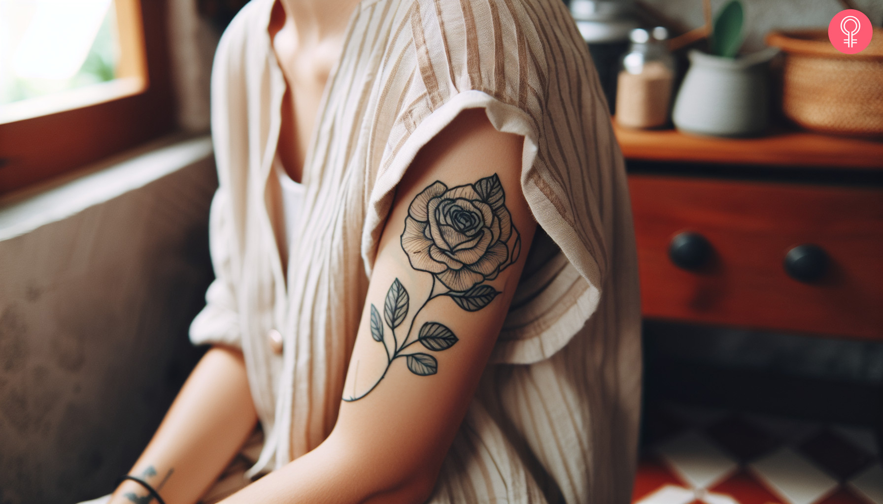 Linear rose tattoo on a woman’s arm