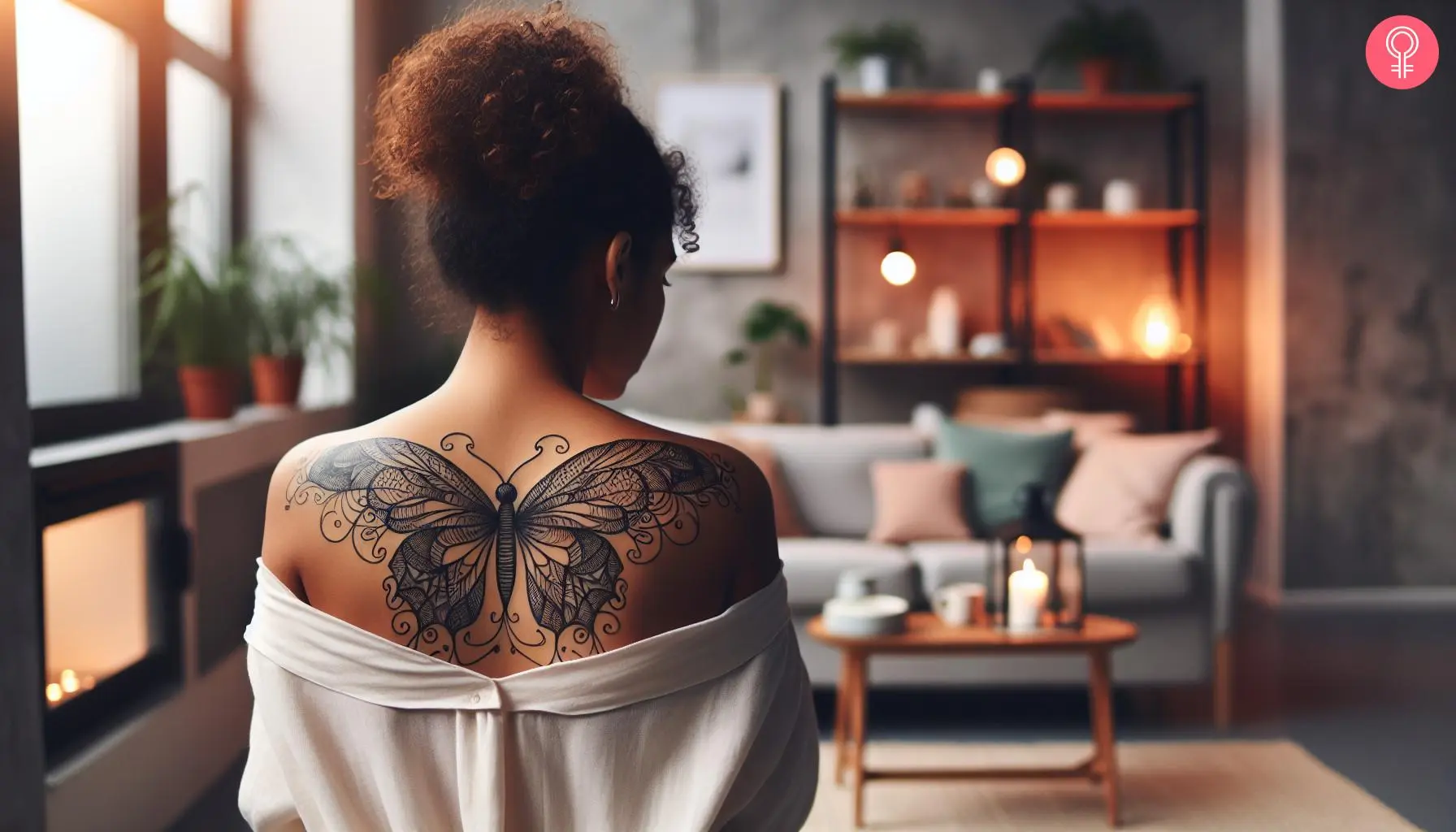 A woman with a linework butterfly tattoo on her back