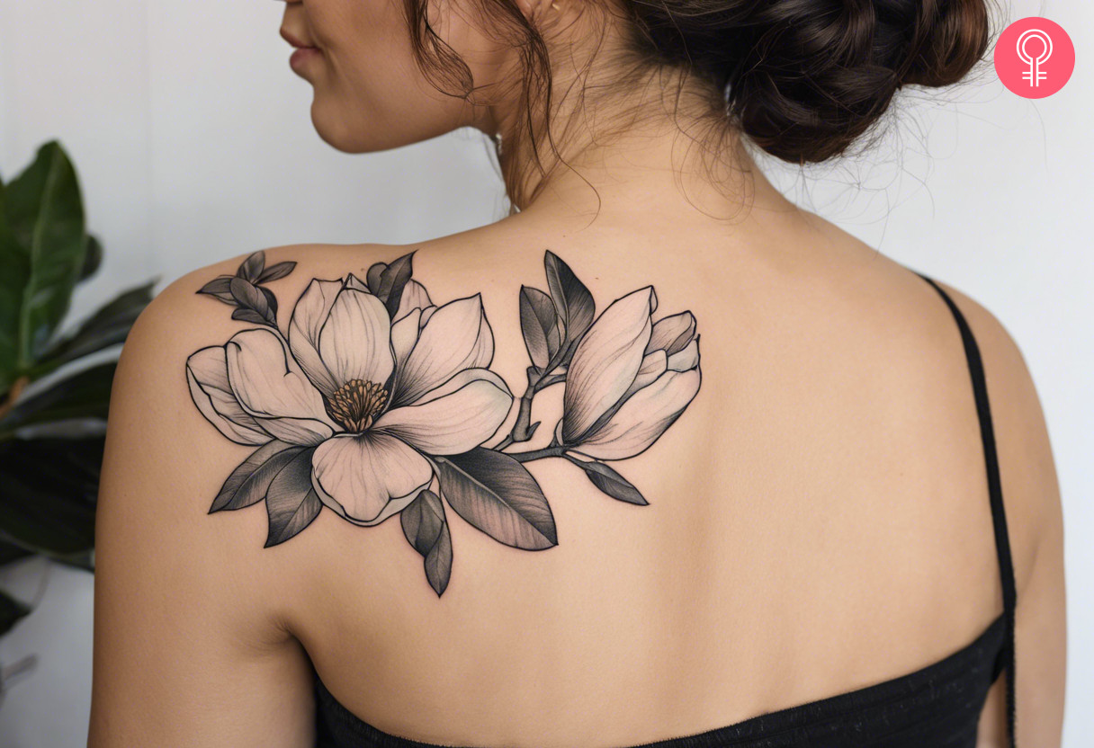 A woman with a linework magnolia tattoo on her back