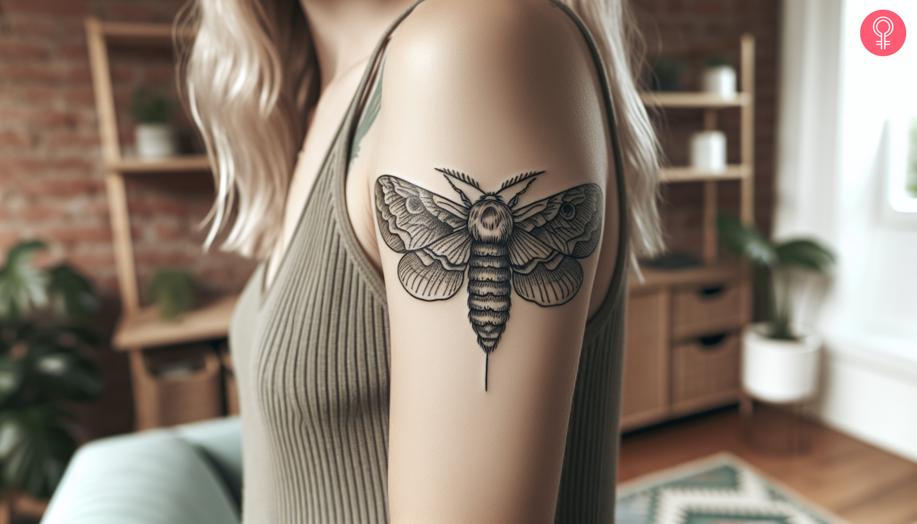 A woman with a linework moth tattoo on her bicep