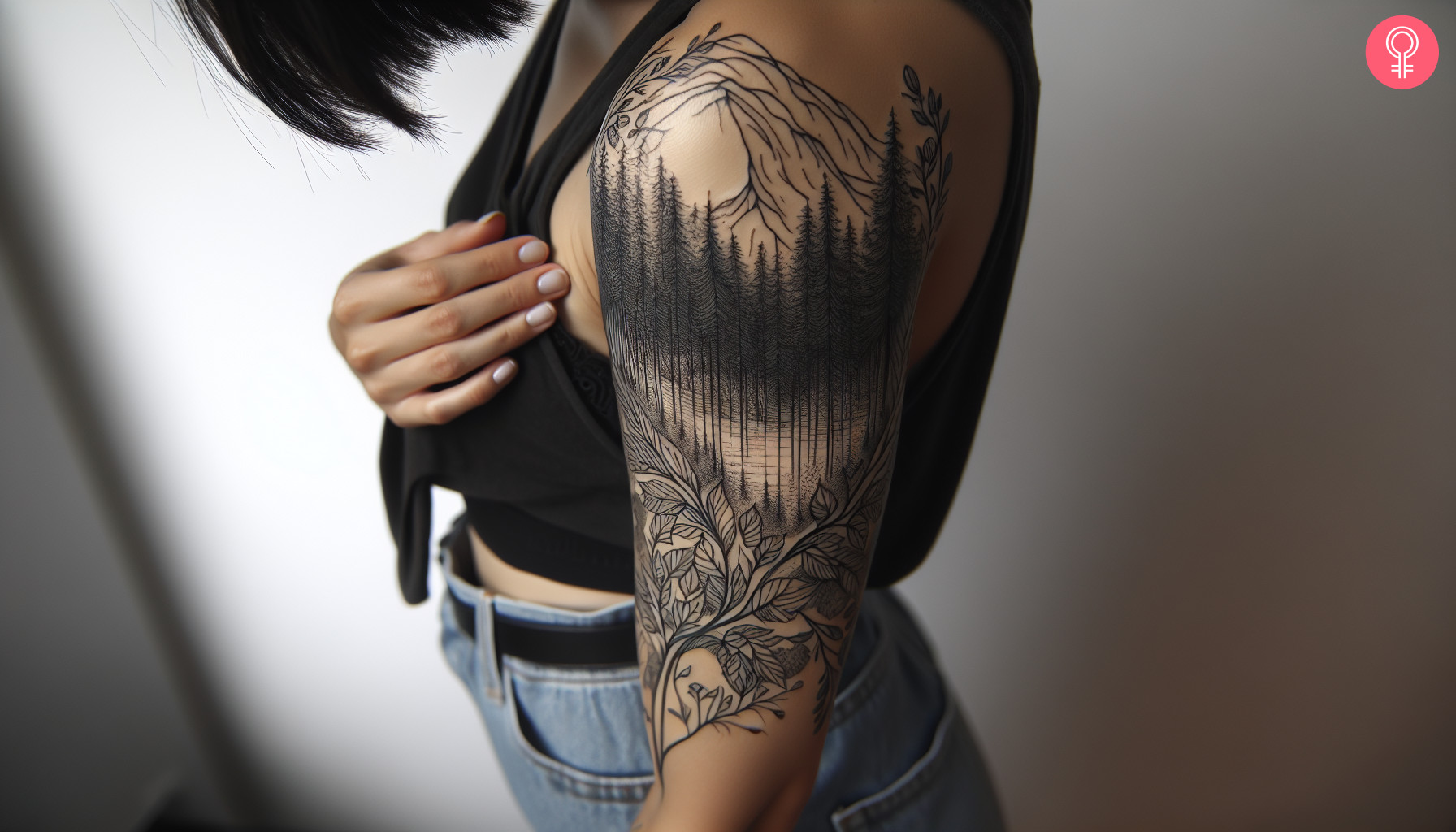 A woman with a linework mystical forest sleeve tattoo on her arm