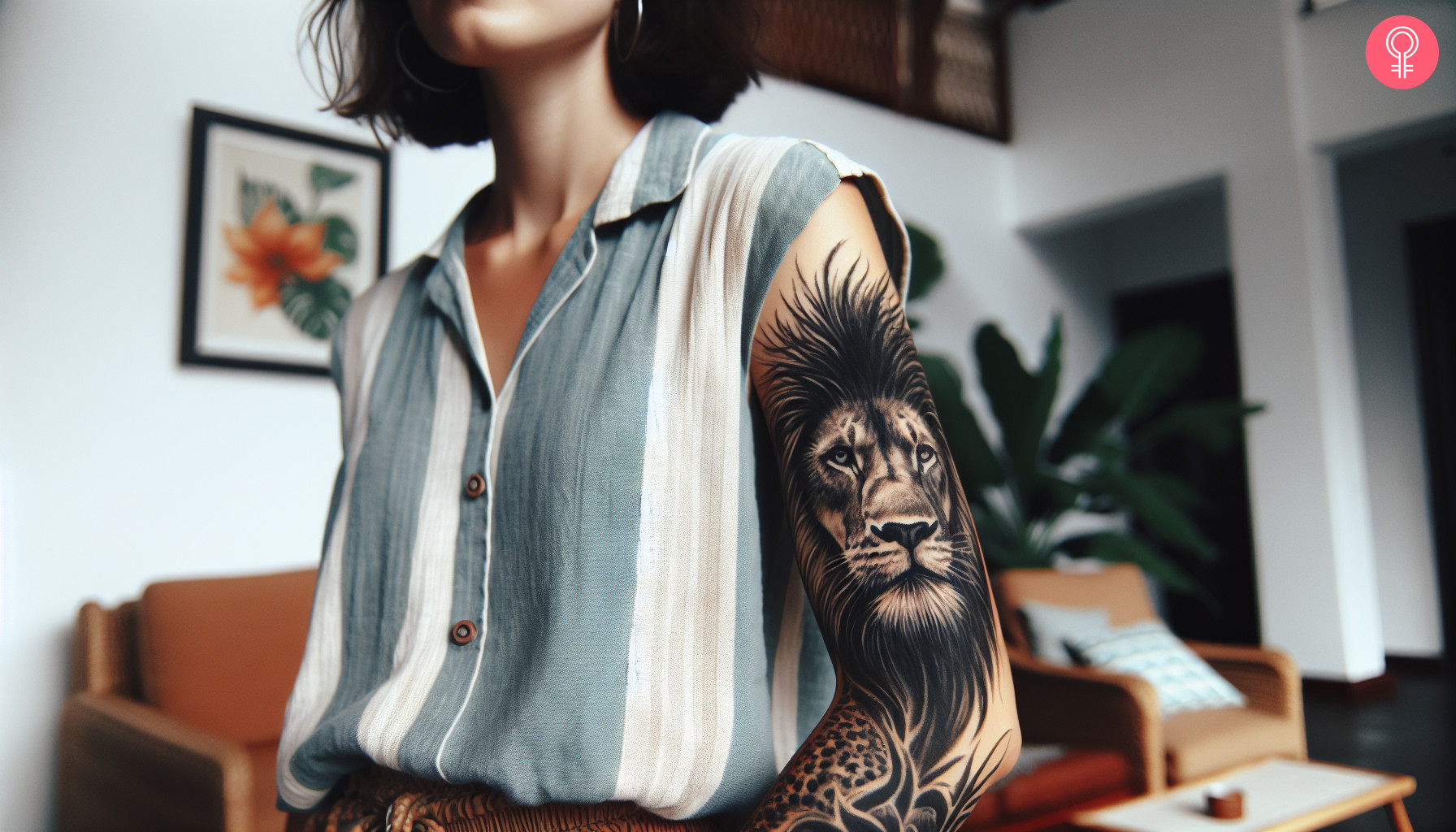 A woman with a lion tattoo on her arm