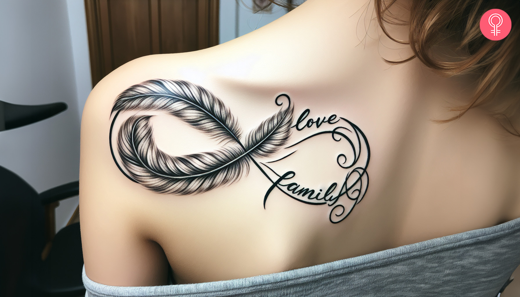 A woman with a black love family feather infinity tattoo on her upper back