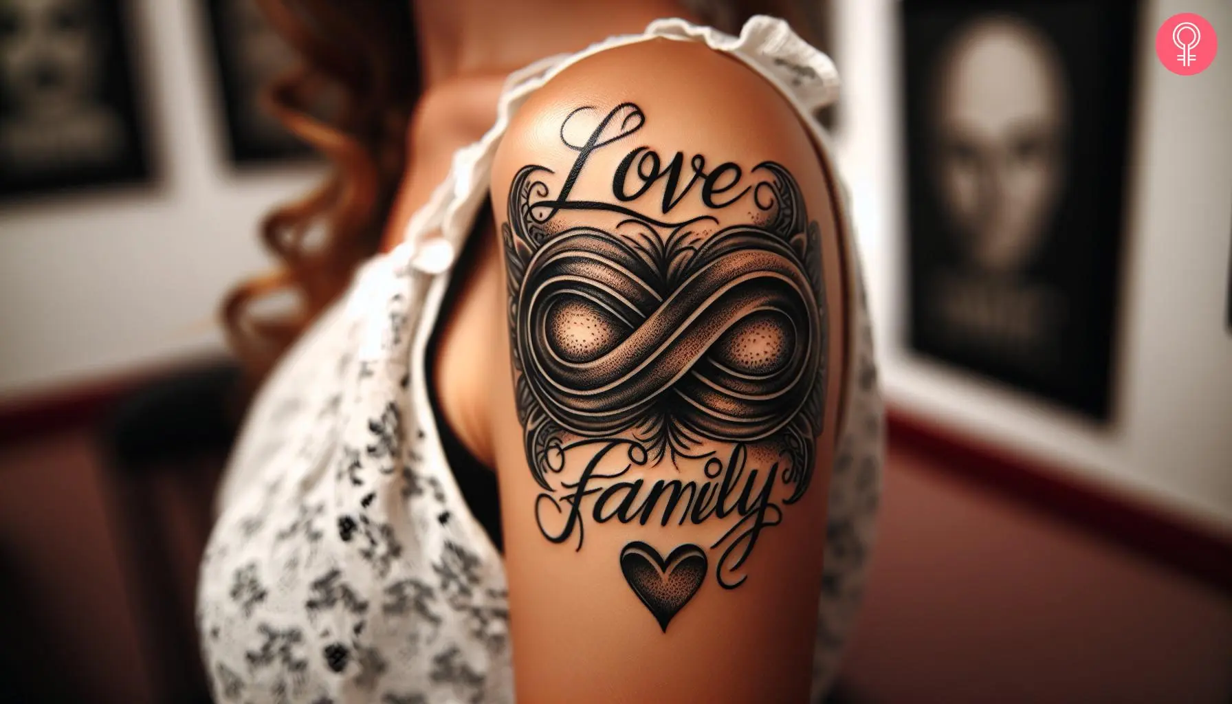 A woman with a black love family infinity tattoo on her upper arm