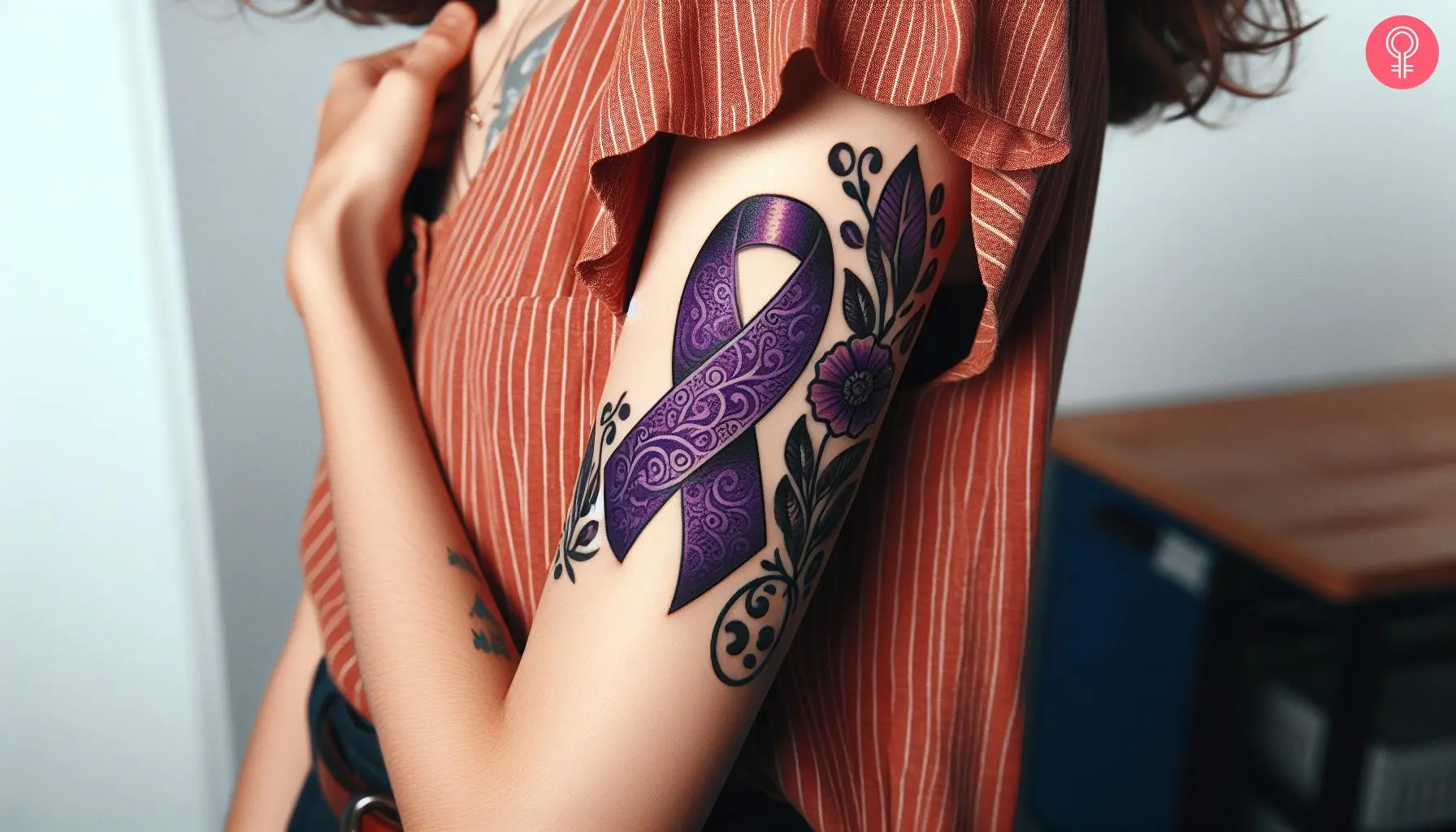 Woman with lupus awareness tattoo on her arm