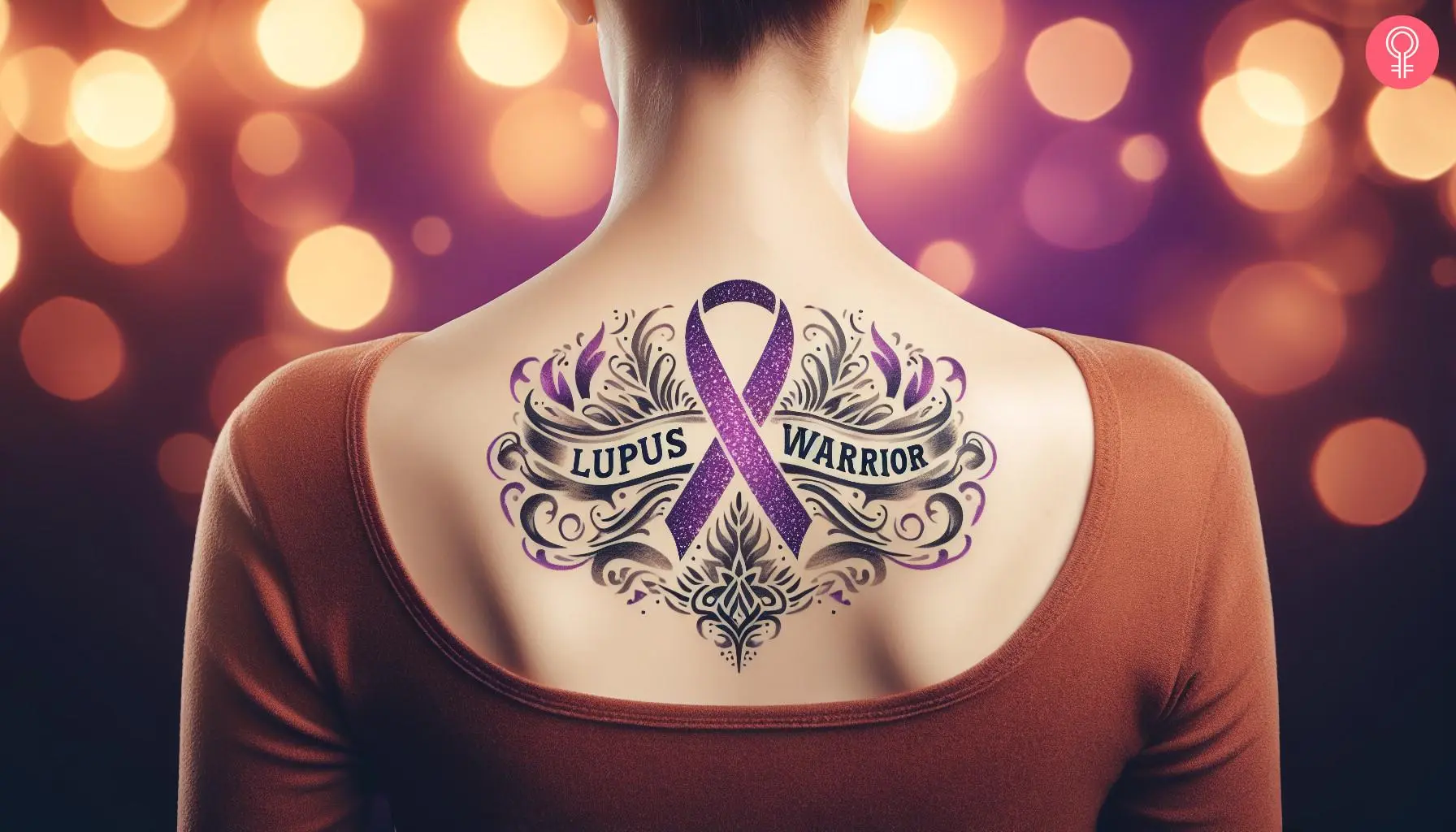 Woman with lupus warrior tattoo on her upper back