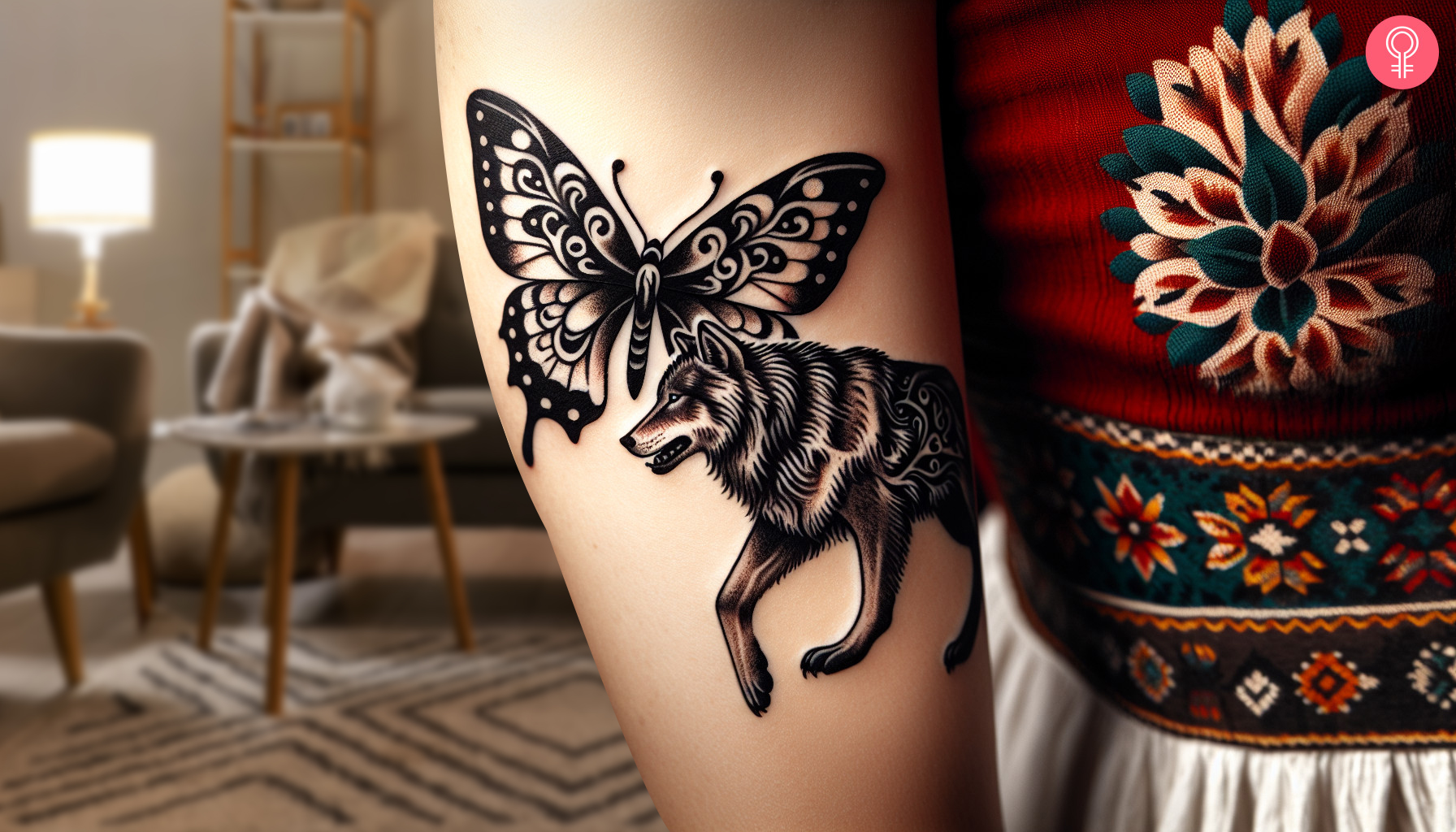 Woman with lupus wolf and butterfly tattoo