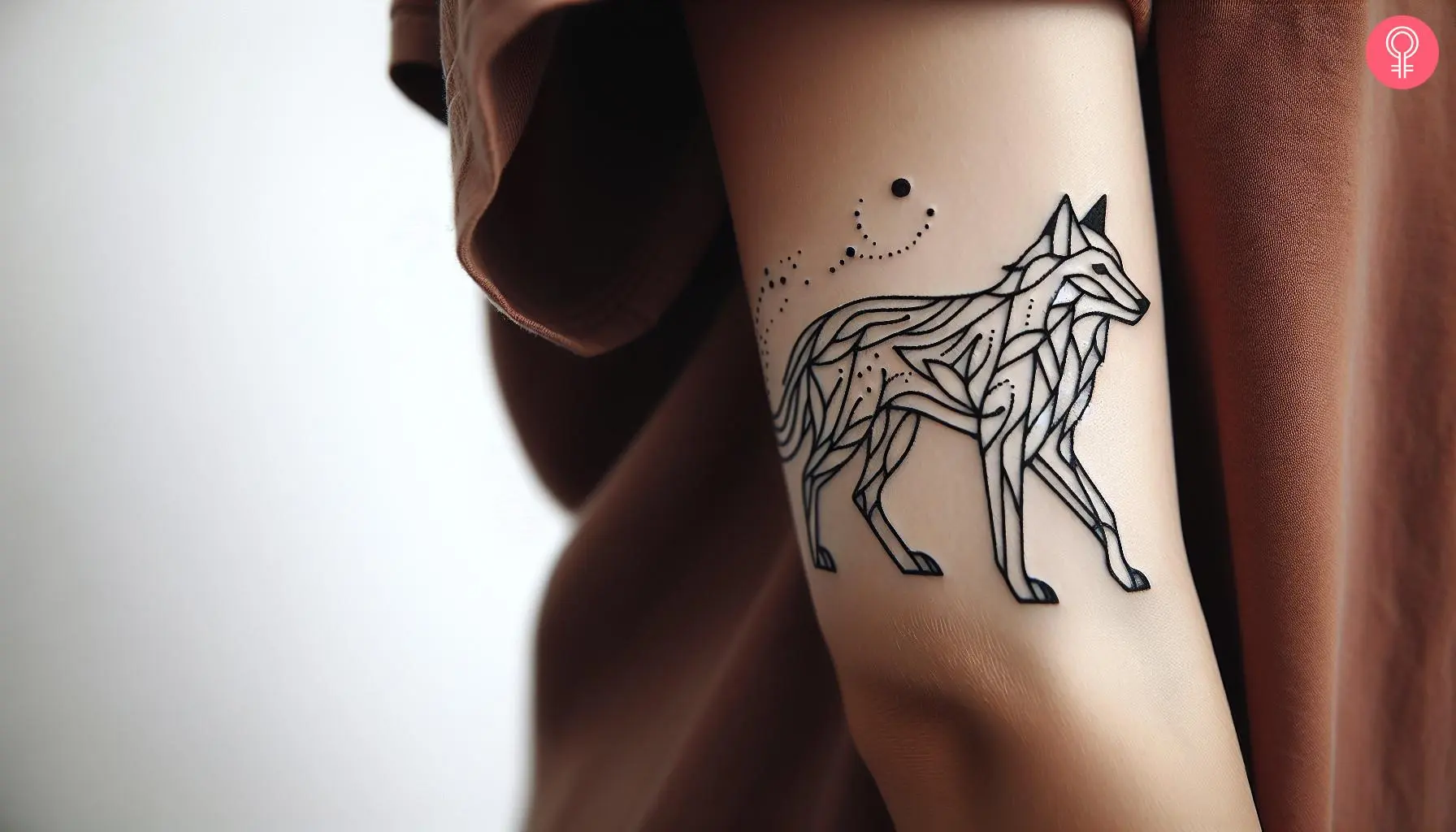 Woman with lupus wolf tattoo on her outer arm