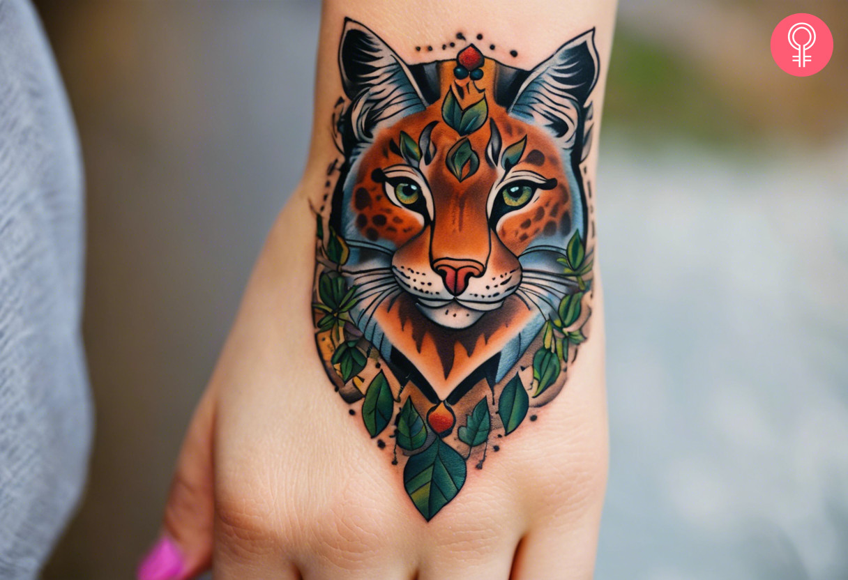 A colorful portrait of the lynx surrounded by leaves on the back of the hand