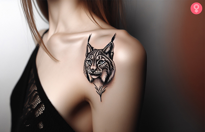 A black and grey lynx tattoo near the shoulder cuff at the front