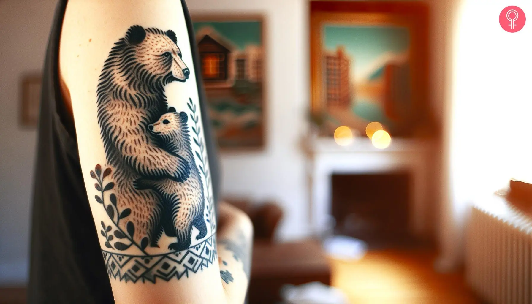 A woman with a mama bear and cub tattoo on her upper arm