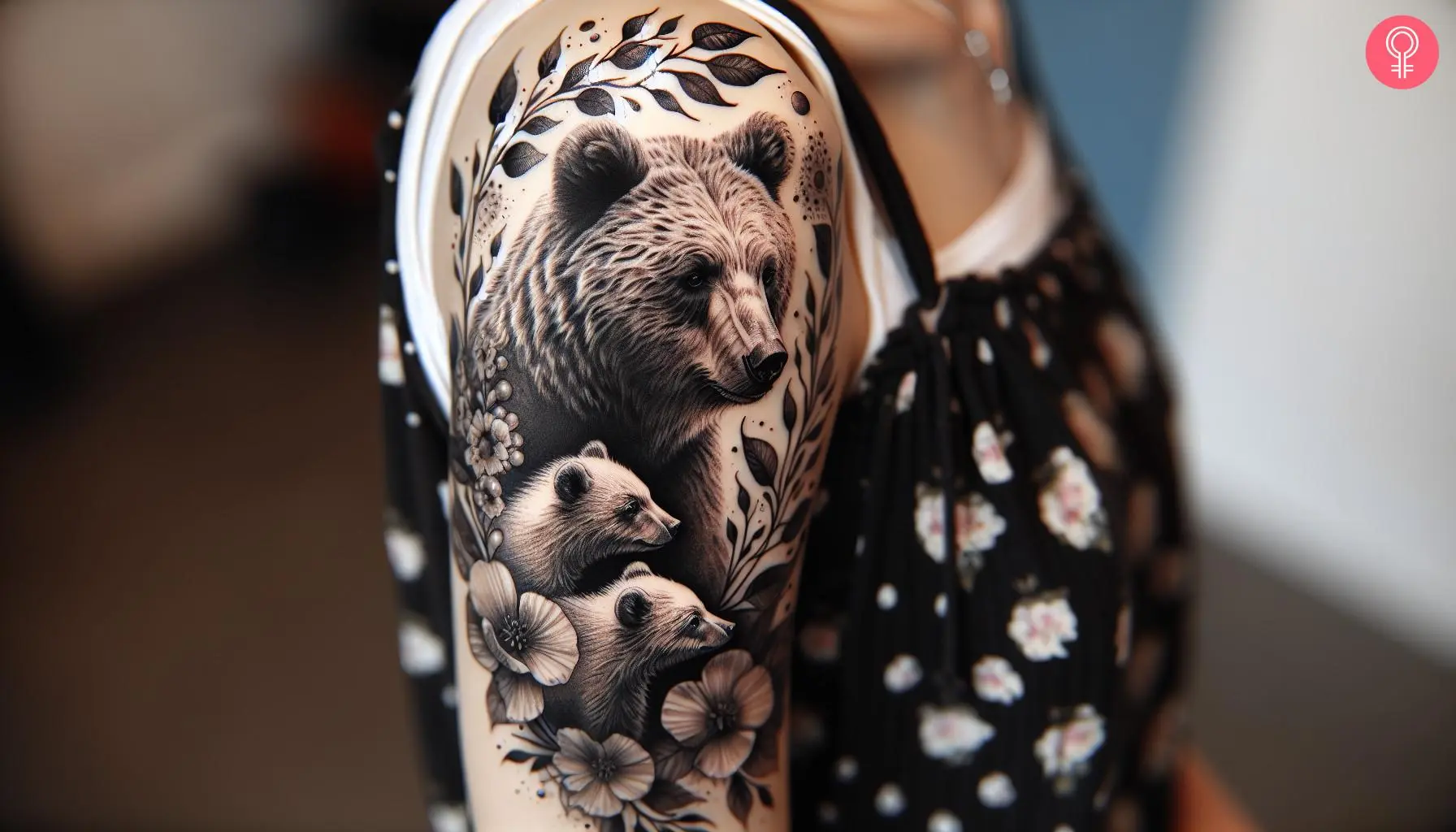 Woman with mama bear and cubs tattoo on her arm