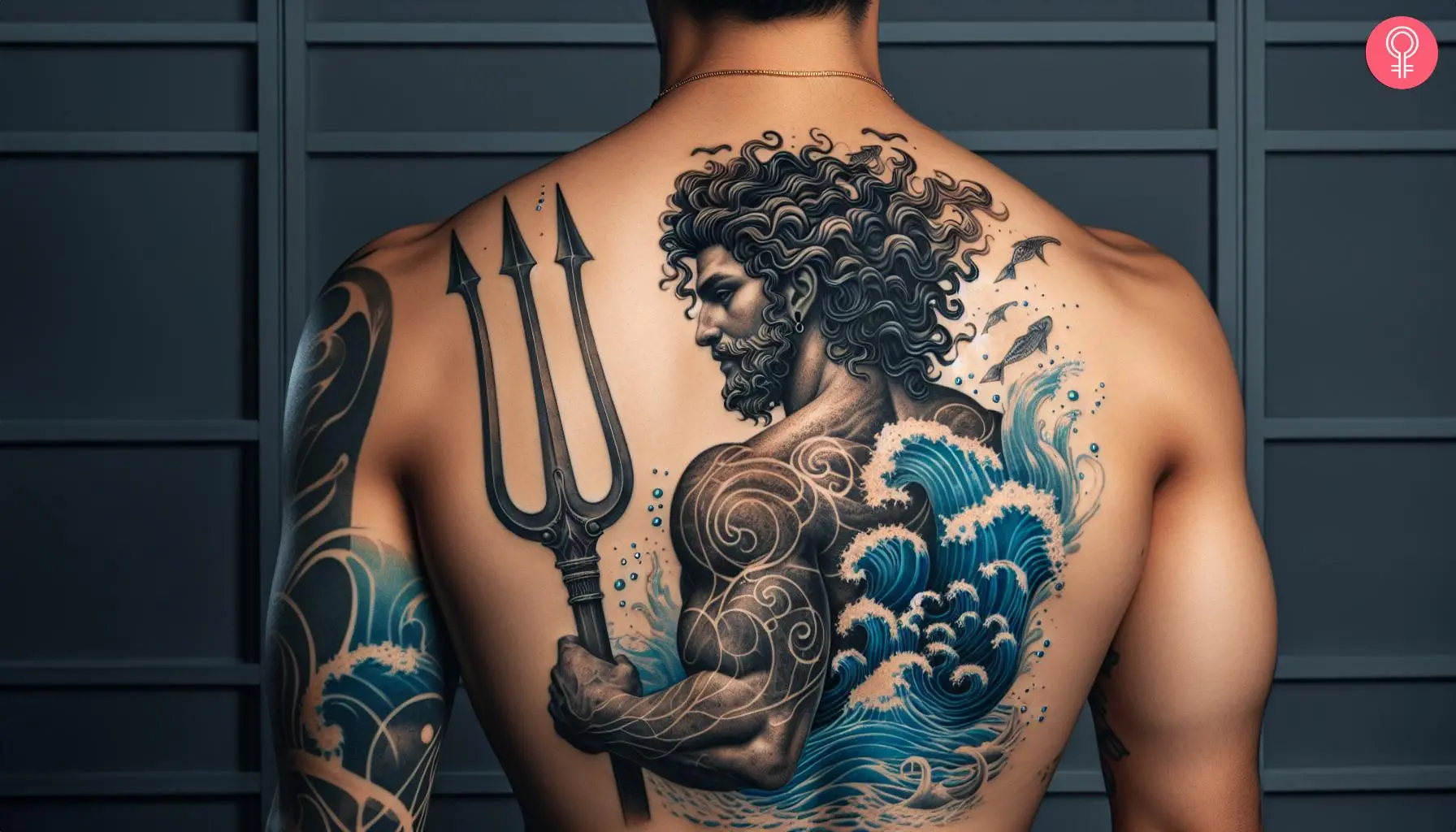 Man with Poseidon pitchfork tattoo on his back