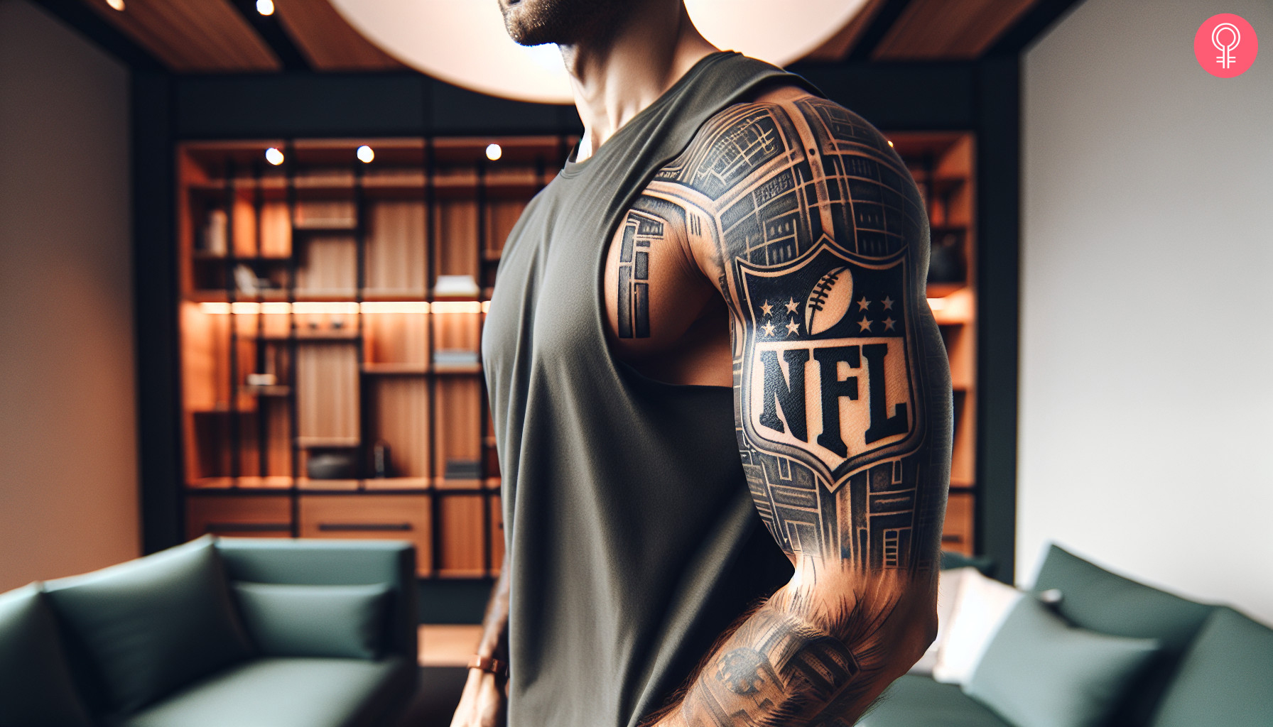 Man with an American football half-sleeve tattoo