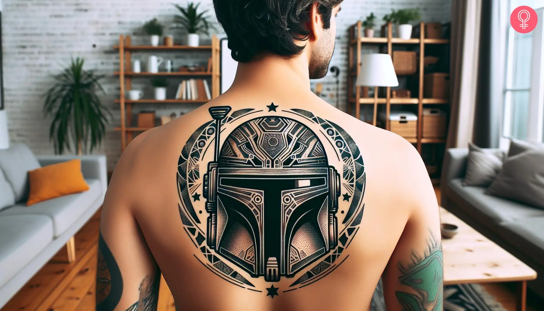 Mandalorian helmet tattoo on the back