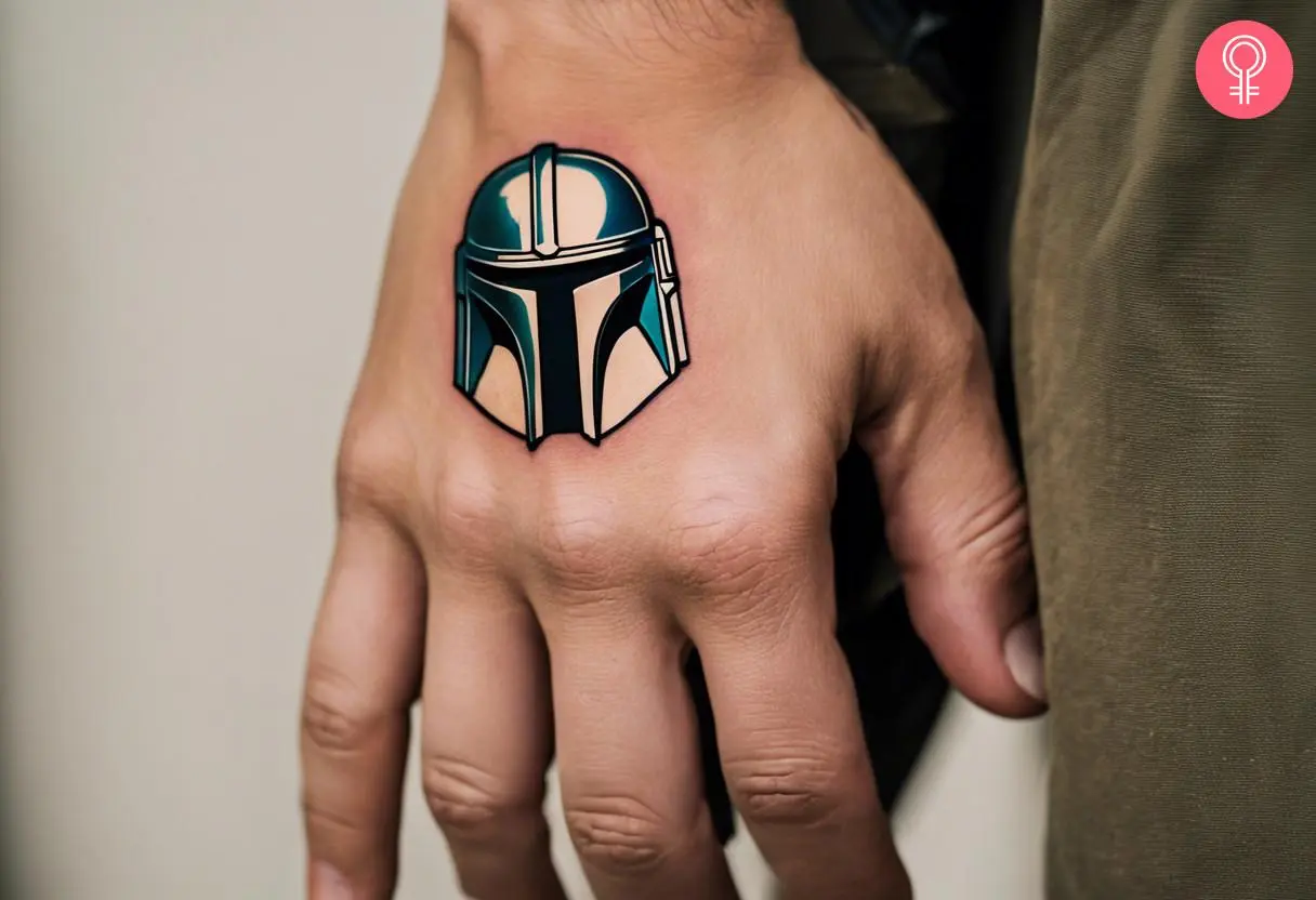 Mandalorian helmet tattoo on the hand