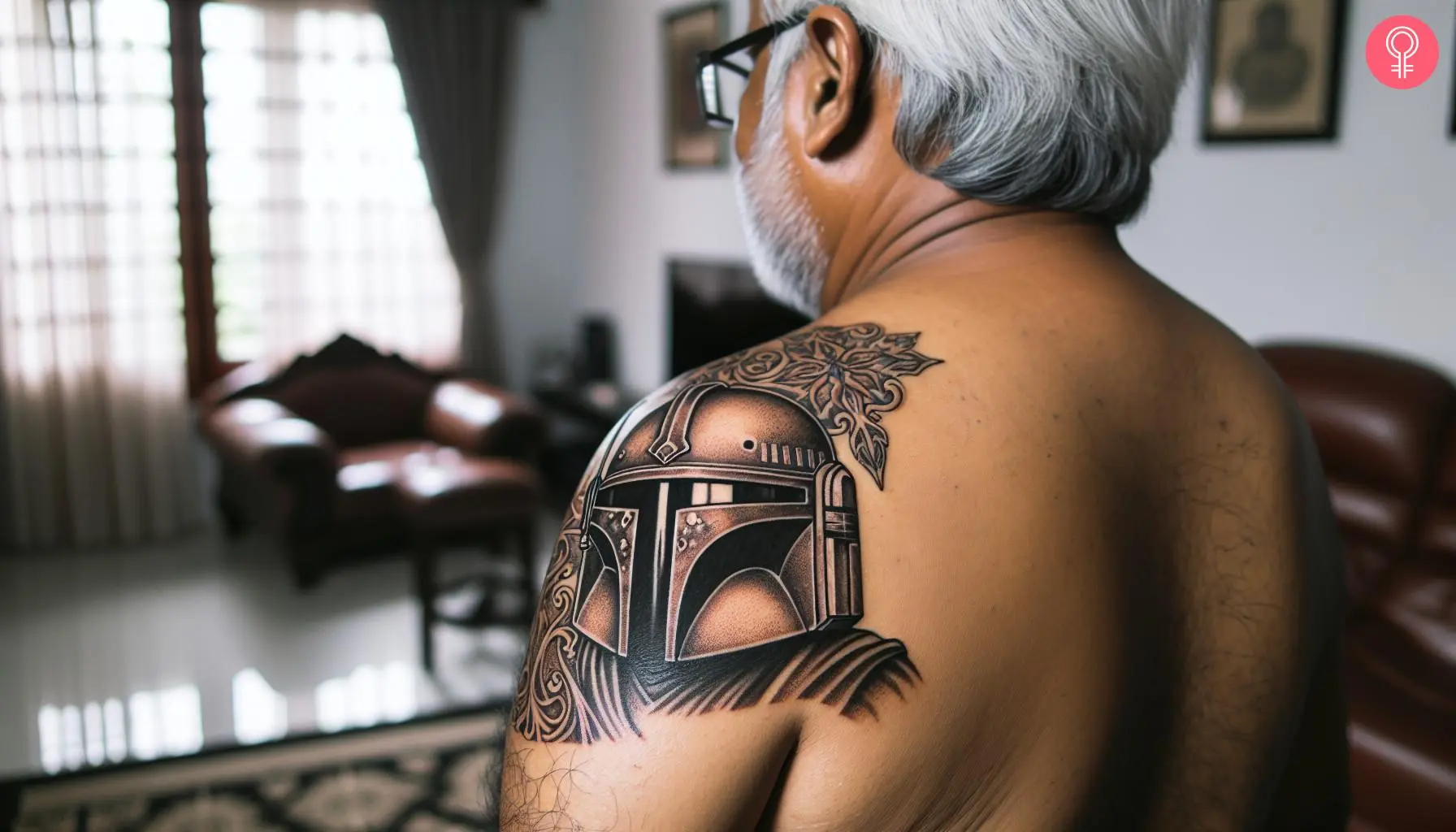 Mandalorian helmet tattoo on the shoulder