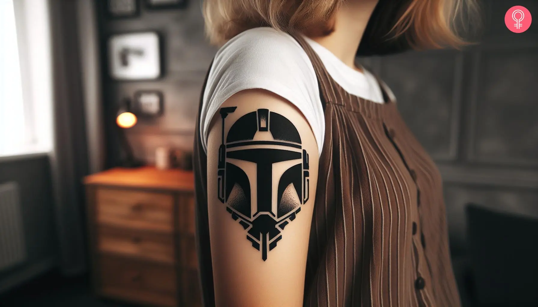 Mandalorian helmet silhouette tattoo on the upper arm