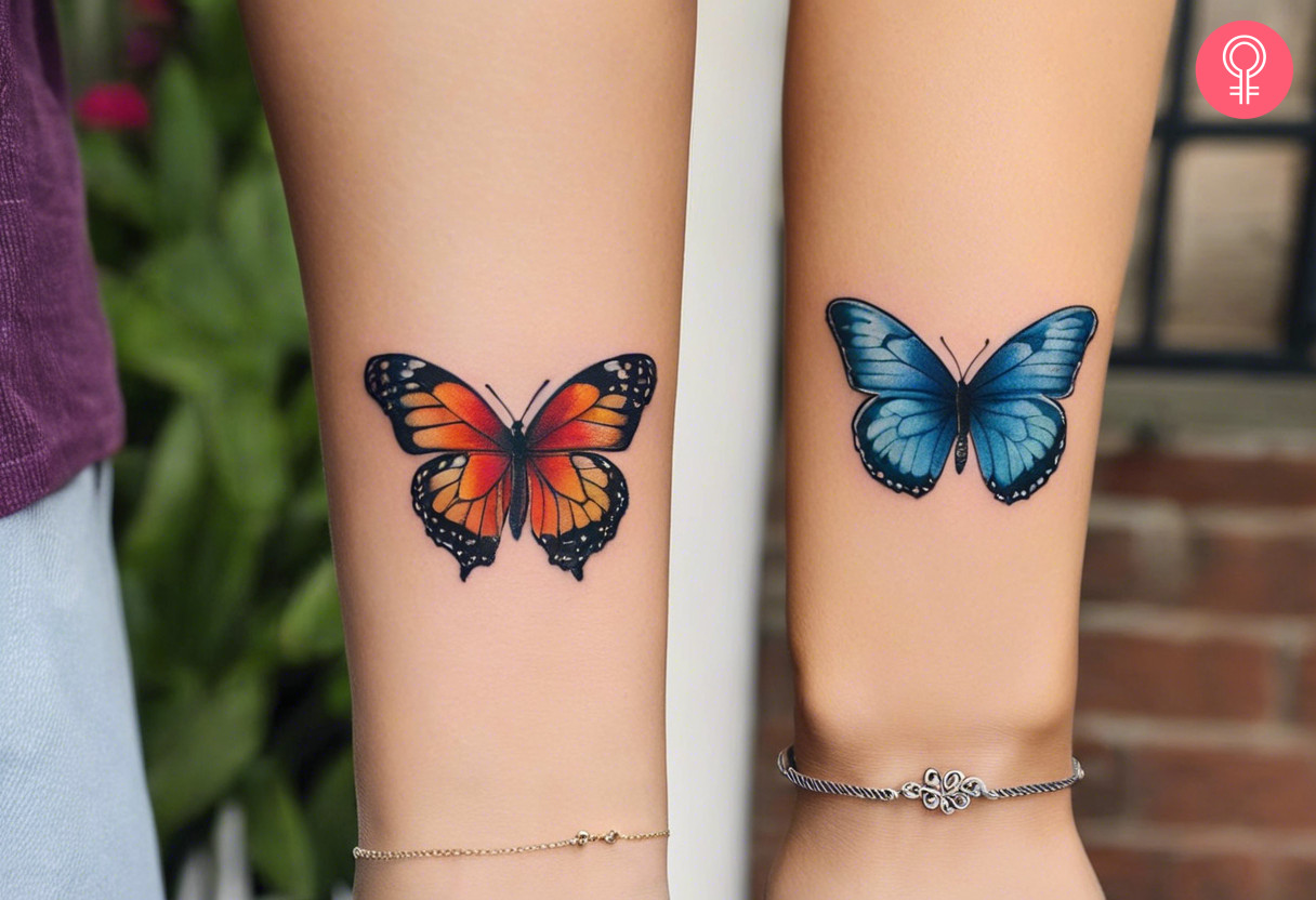 Two butterflies inked on the wrist with different colored wings