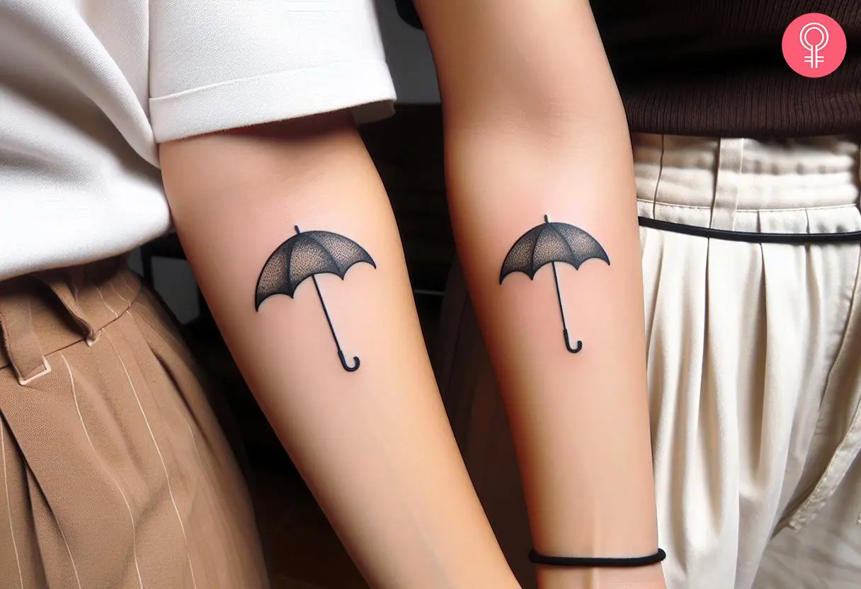 A matching tattoo on the forearm with umbrellas on it