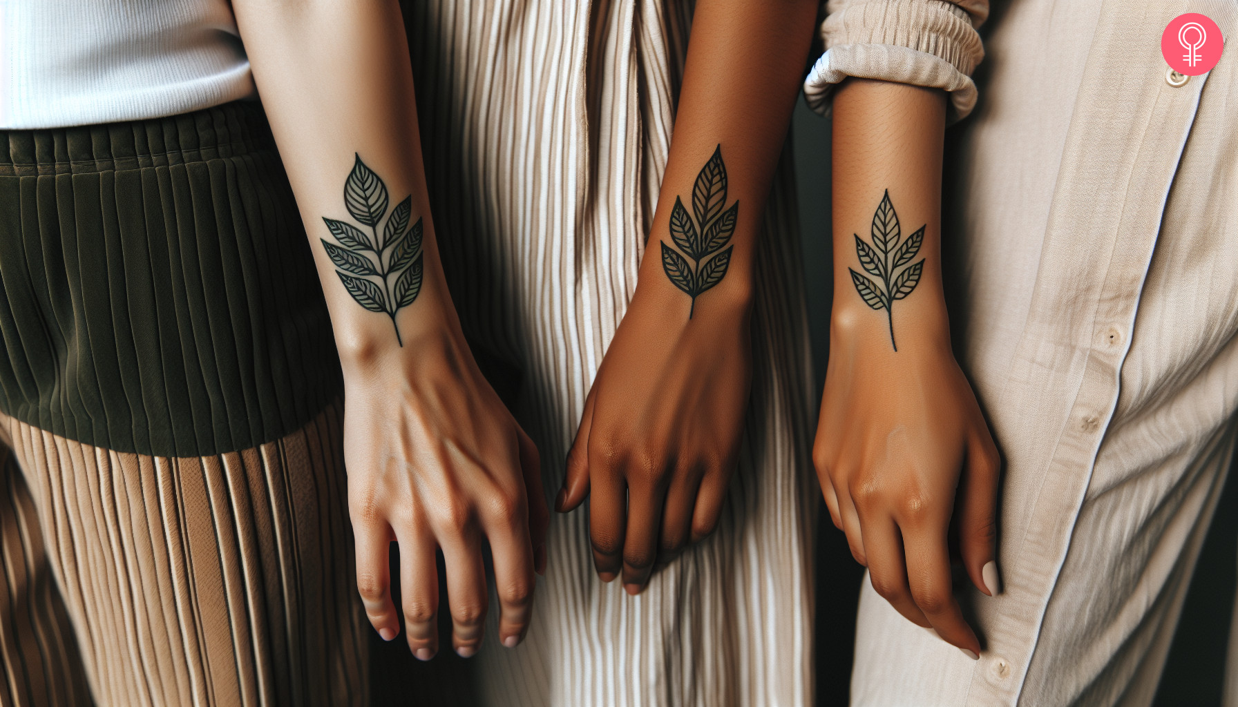 A matching tattoo of leaves on the forearm