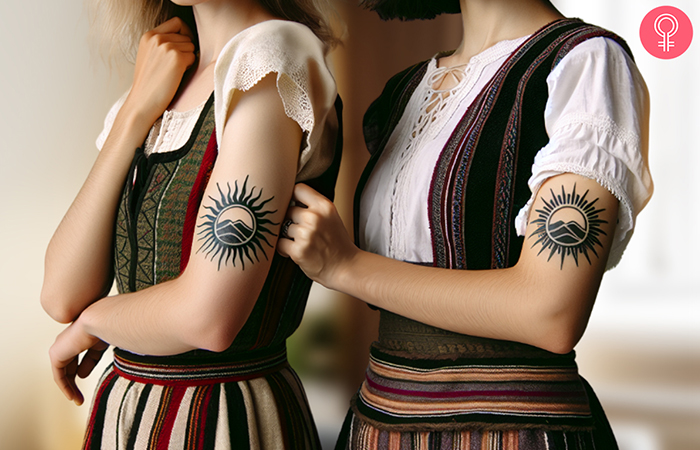 Two sisters with matching rising sun tattoos on their arms