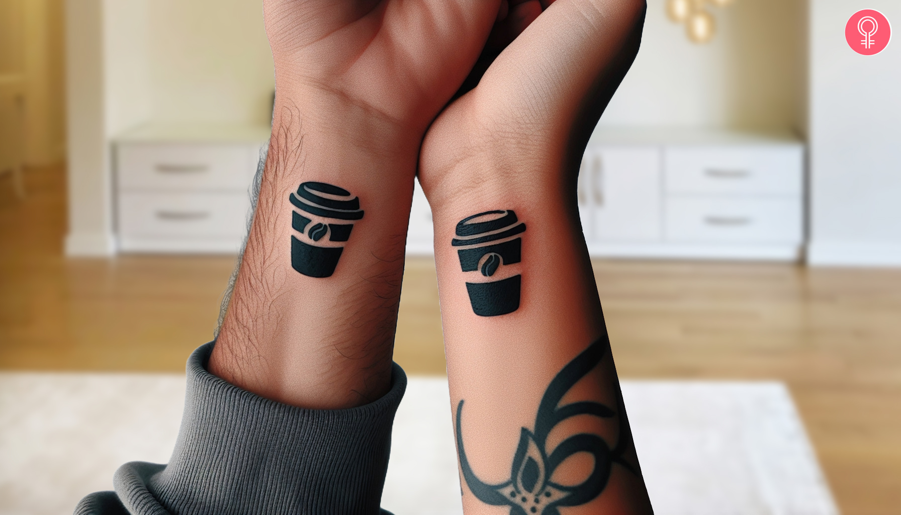 Matching paper cup tattoo on the wrist